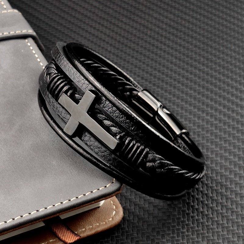 Men black cross bracelet front view