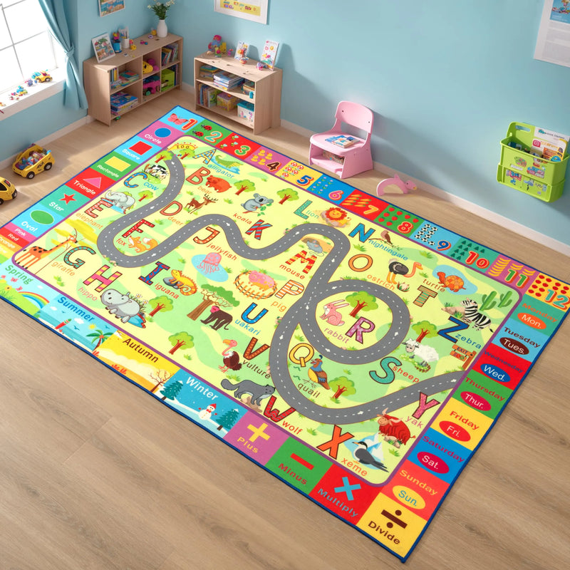 Terrug Kids Rugs for Playroom Educational Classroom Rug for Kids Room Washable Nursery Rug Carpet Non Slip Playroom Rug Play Mat for Learning ABC Rug Numbers Animal Colors Season 3X5 Feet